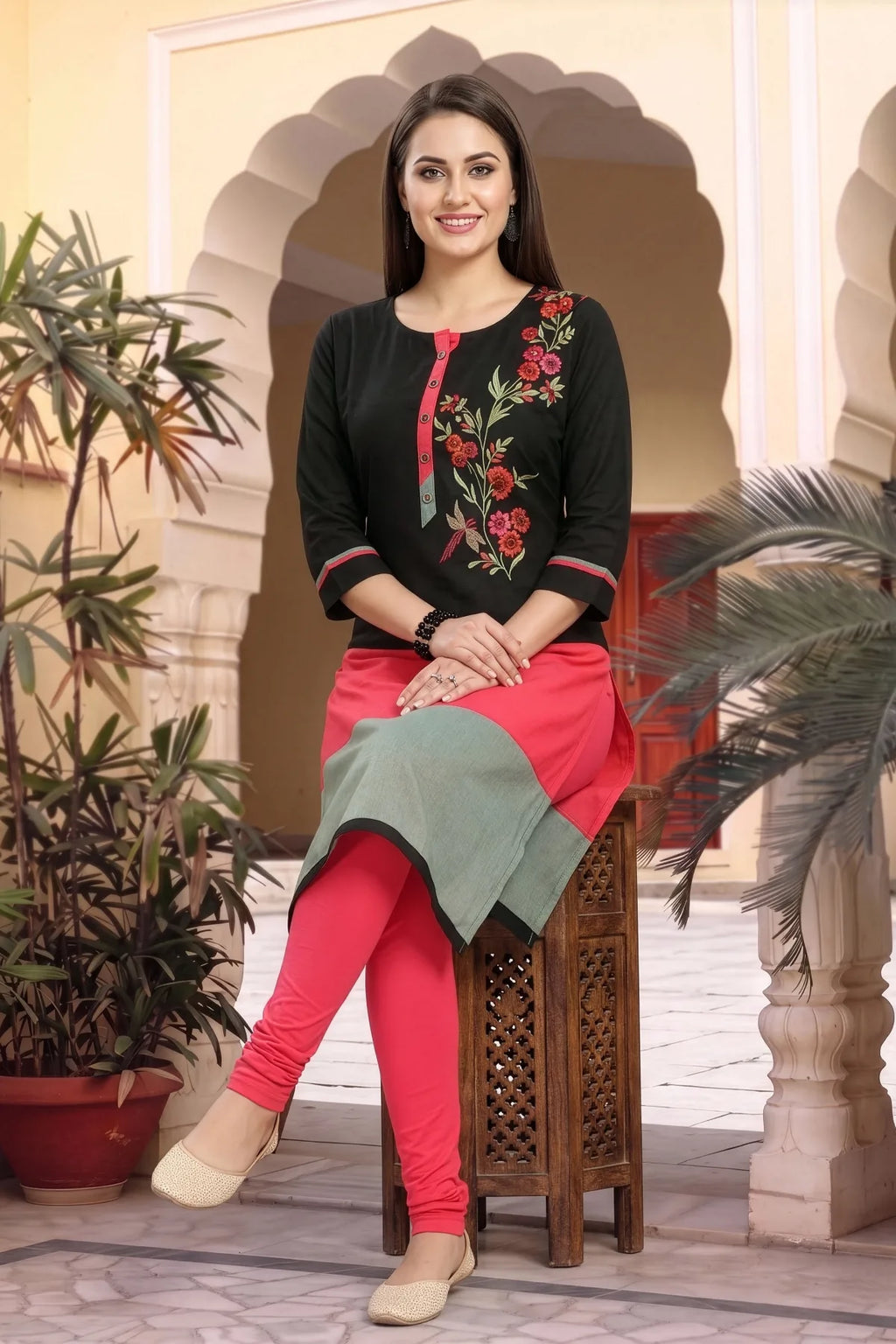 Black Raw Silk Tunic with Floral Threadwork and Colour Block