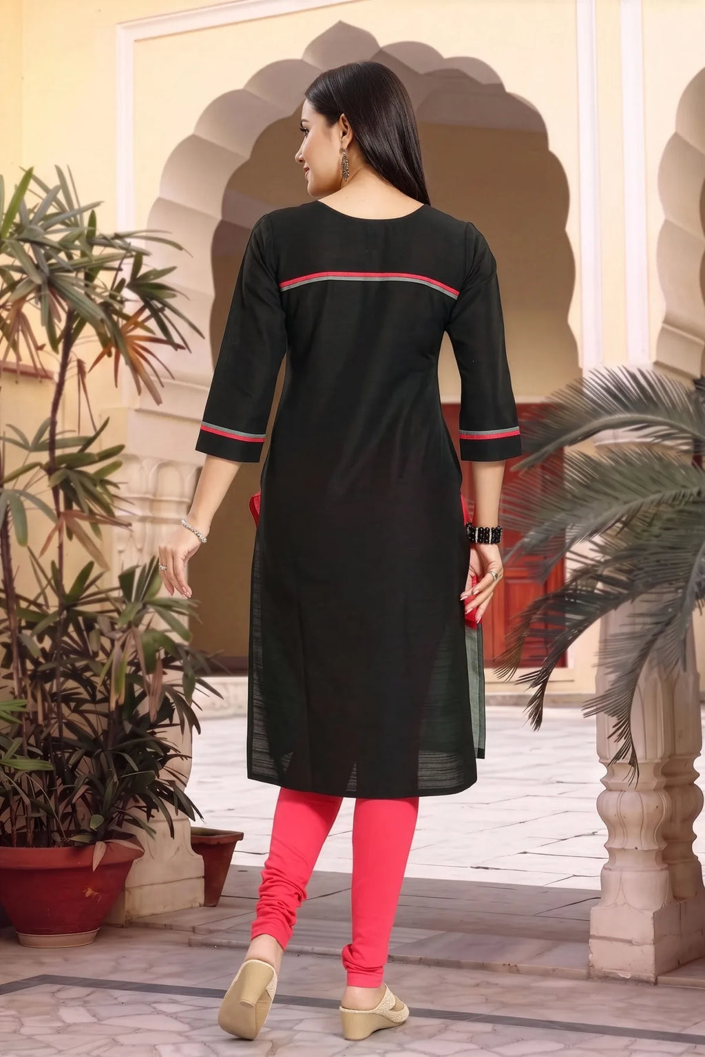 Black Raw Silk Tunic with Floral Threadwork and Colour Block