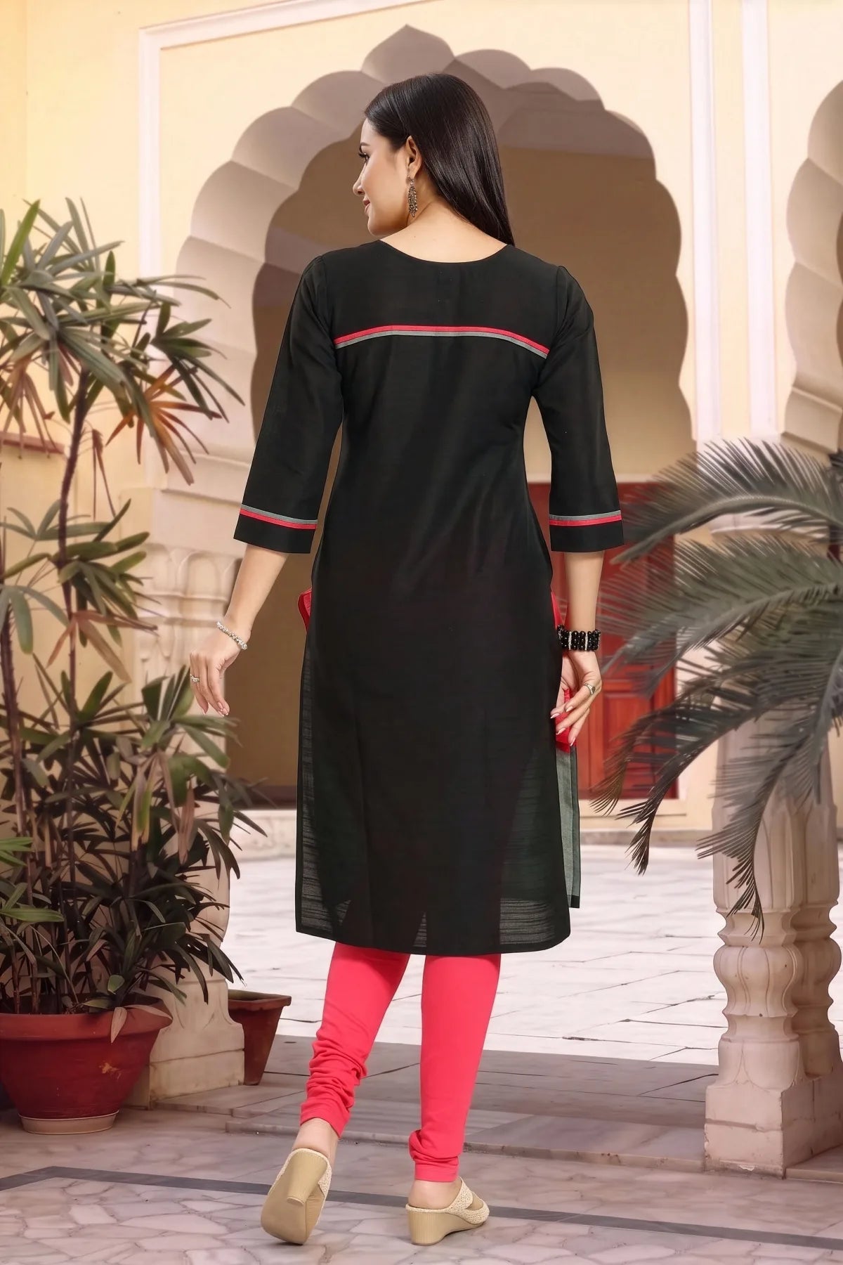 Black Raw Silk Tunic with Floral Threadwork and Colour Block