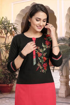 Black Raw Silk Tunic with Floral Threadwork and Colour Block