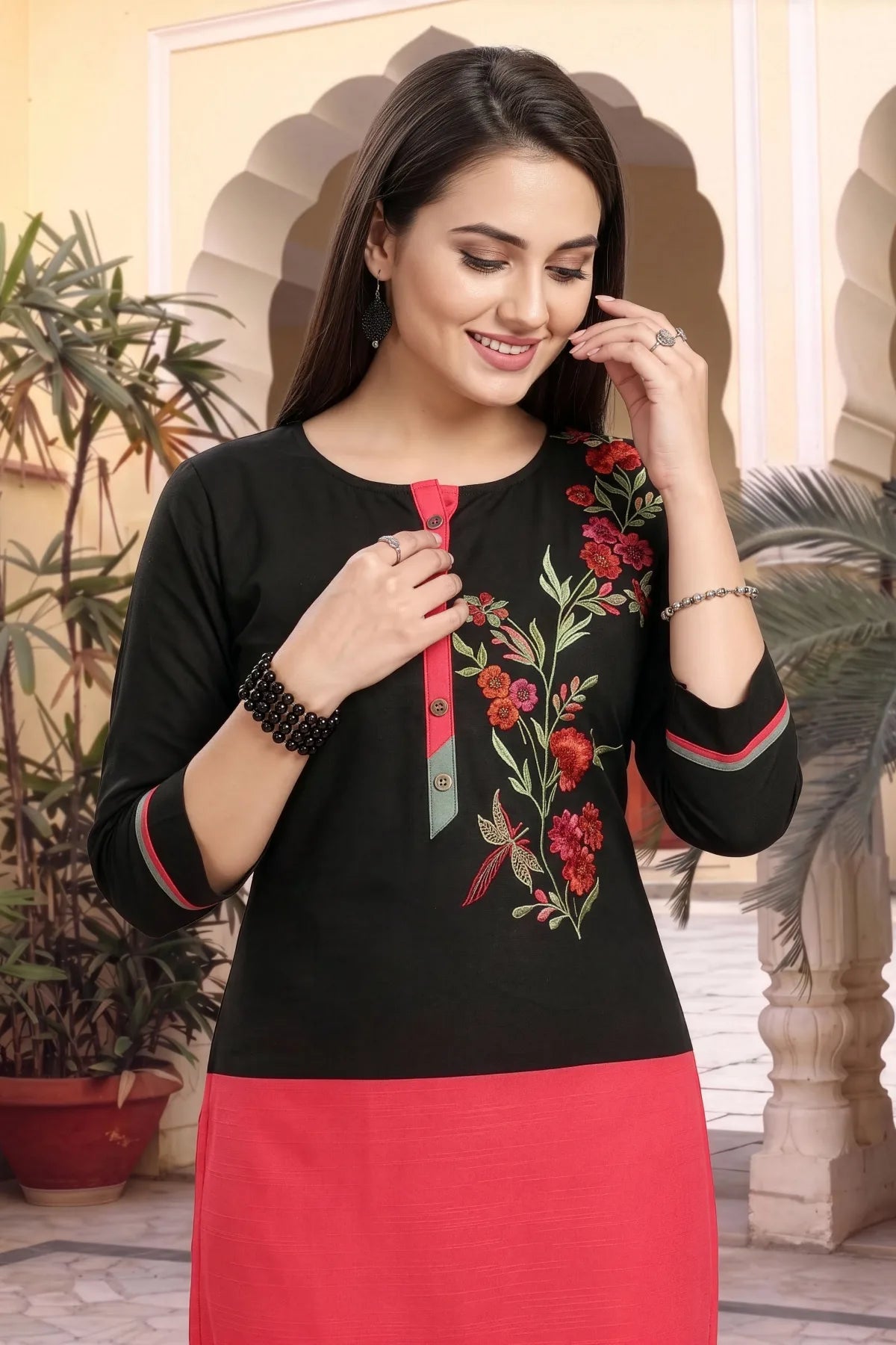 Black Raw Silk Tunic with Floral Threadwork and Colour Block