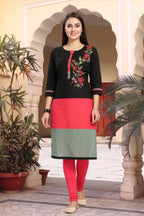 Black Raw Silk Tunic with Floral Threadwork and Colour Block