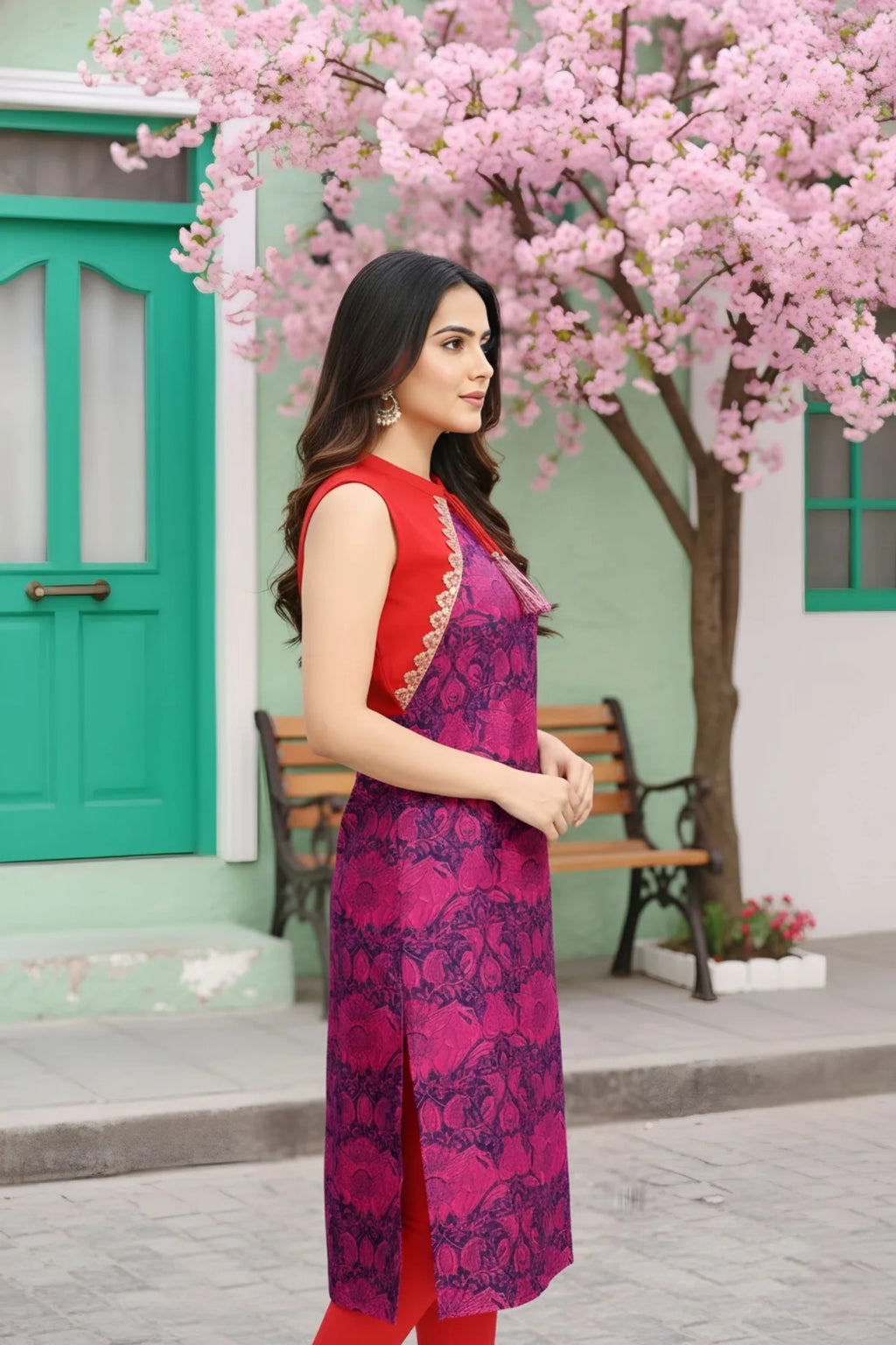 Wine Purple Jacket Style Printed Cotton Kurti
