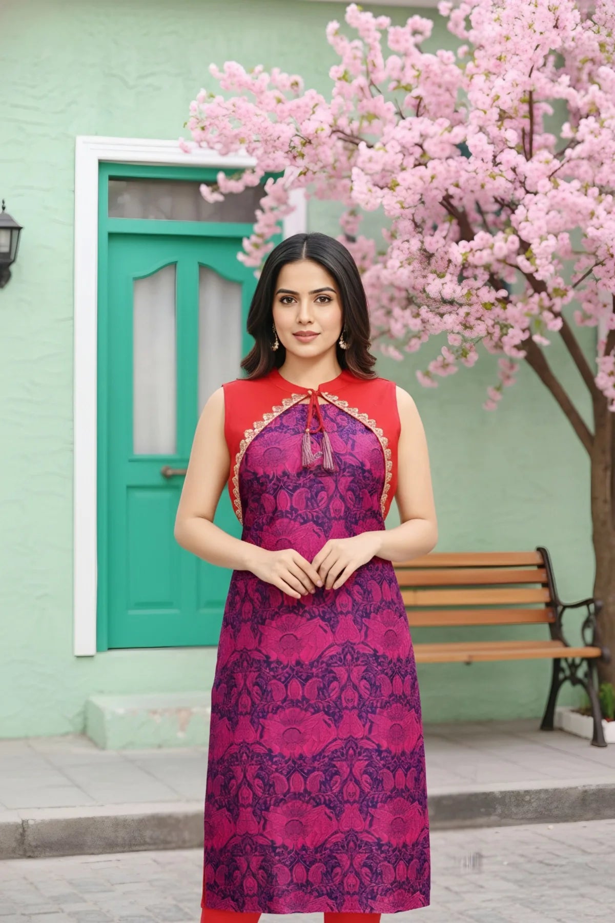 Wine Purple Jacket Style Printed Cotton Kurti