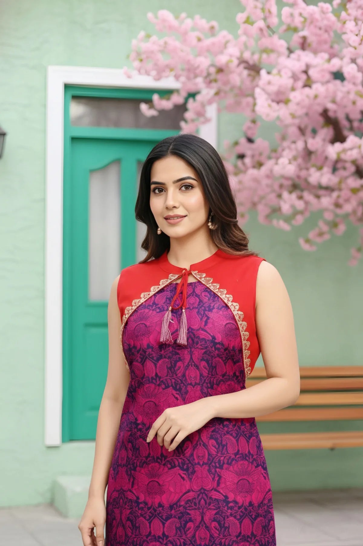 Wine Purple Jacket Style Printed Cotton Kurti
