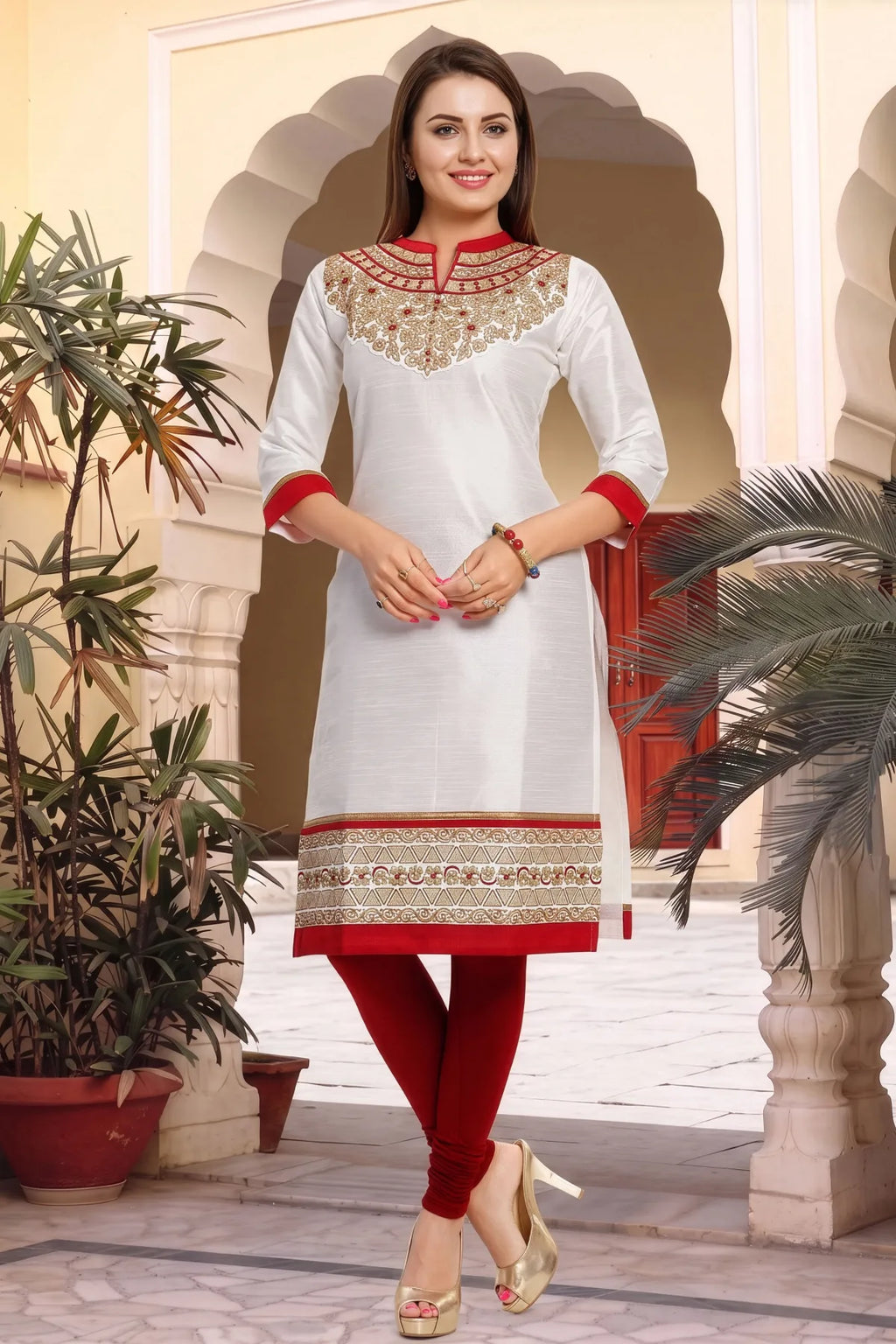 White and Gold Raw Silk Tunic with Handwork