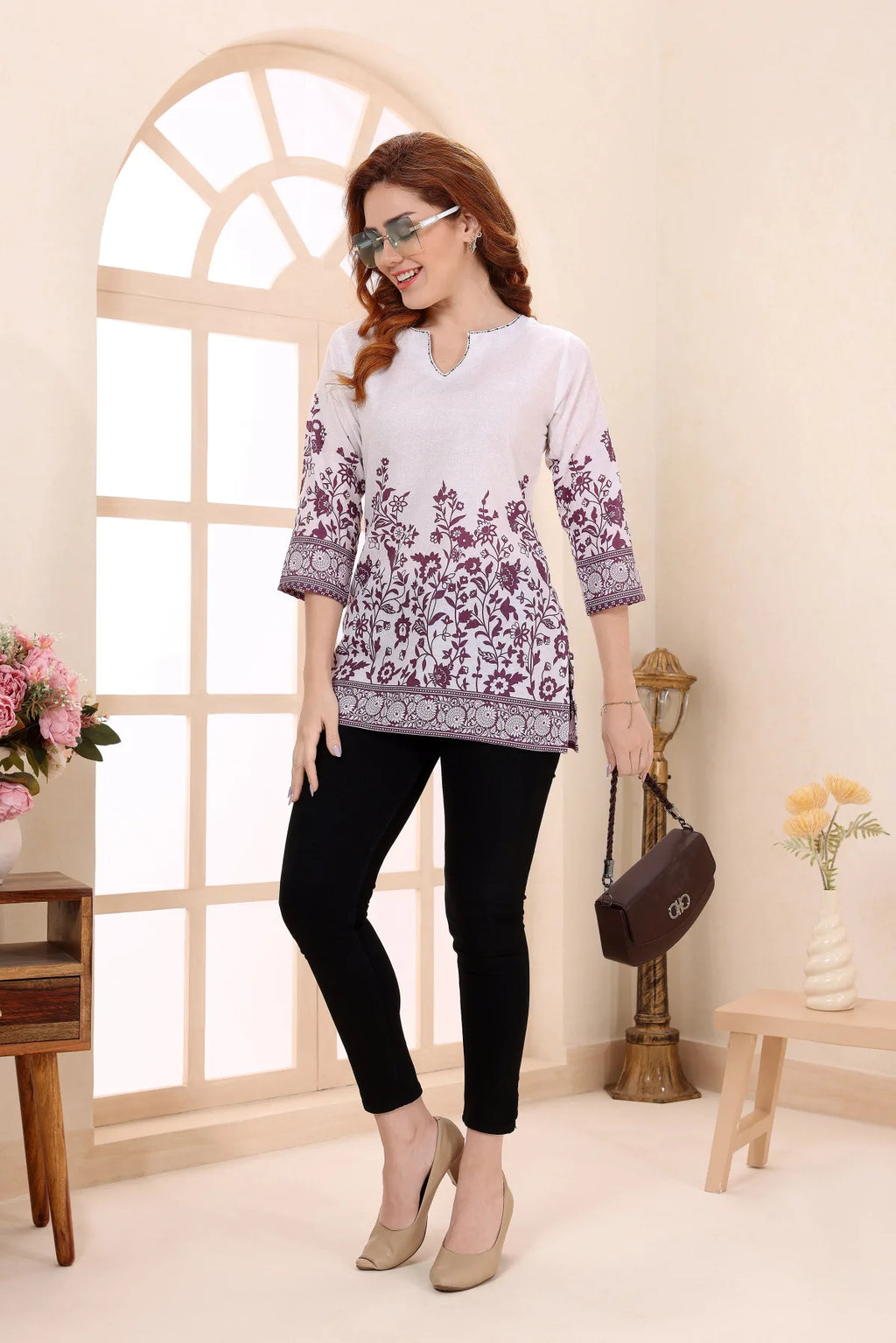 Purple Cotton Short Kurti Tunic Top with Ethnic Motifs