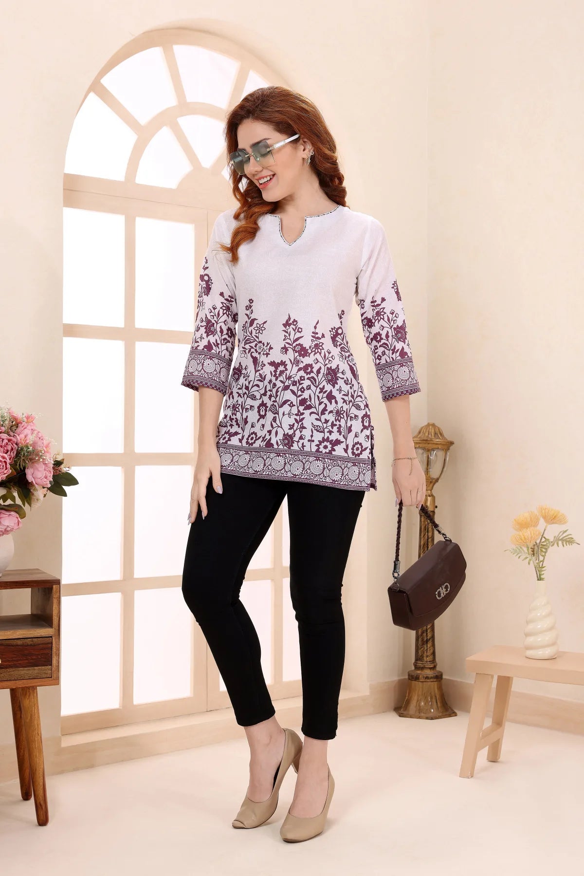 Purple Cotton Short Kurti Tunic Top with Ethnic Motifs