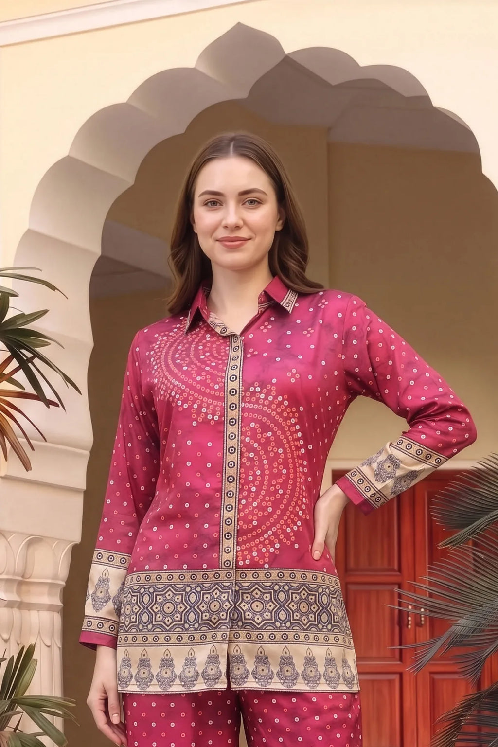 Hot Pink Bandhani Print Shirt Style Kurti Top