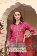 Hot Pink Bandhani Print Shirt Style Kurti Top
