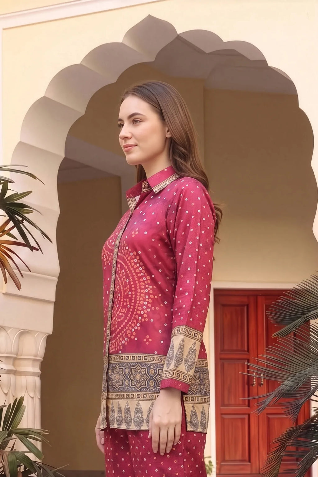 Hot Pink Bandhani Print Shirt Style Kurti Top