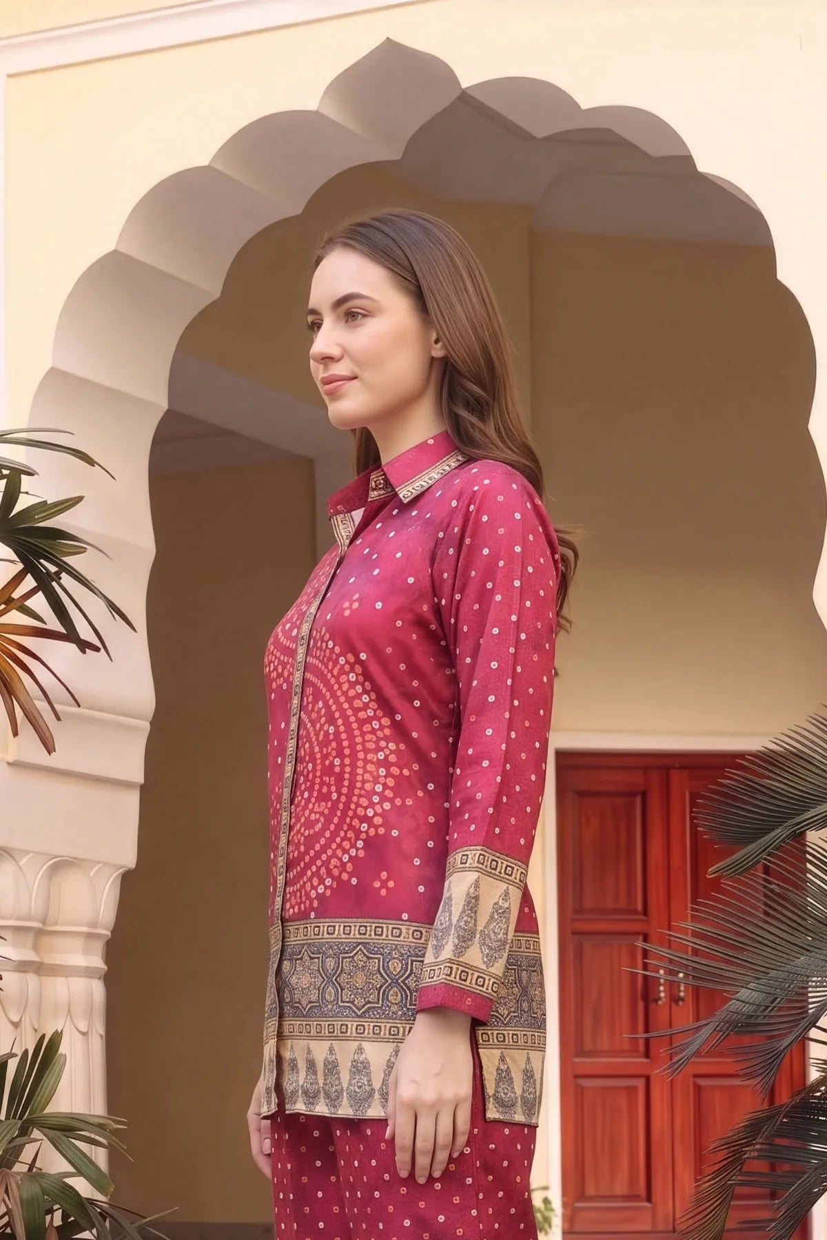 Hot Pink Bandhani Print Shirt Style Kurti Top