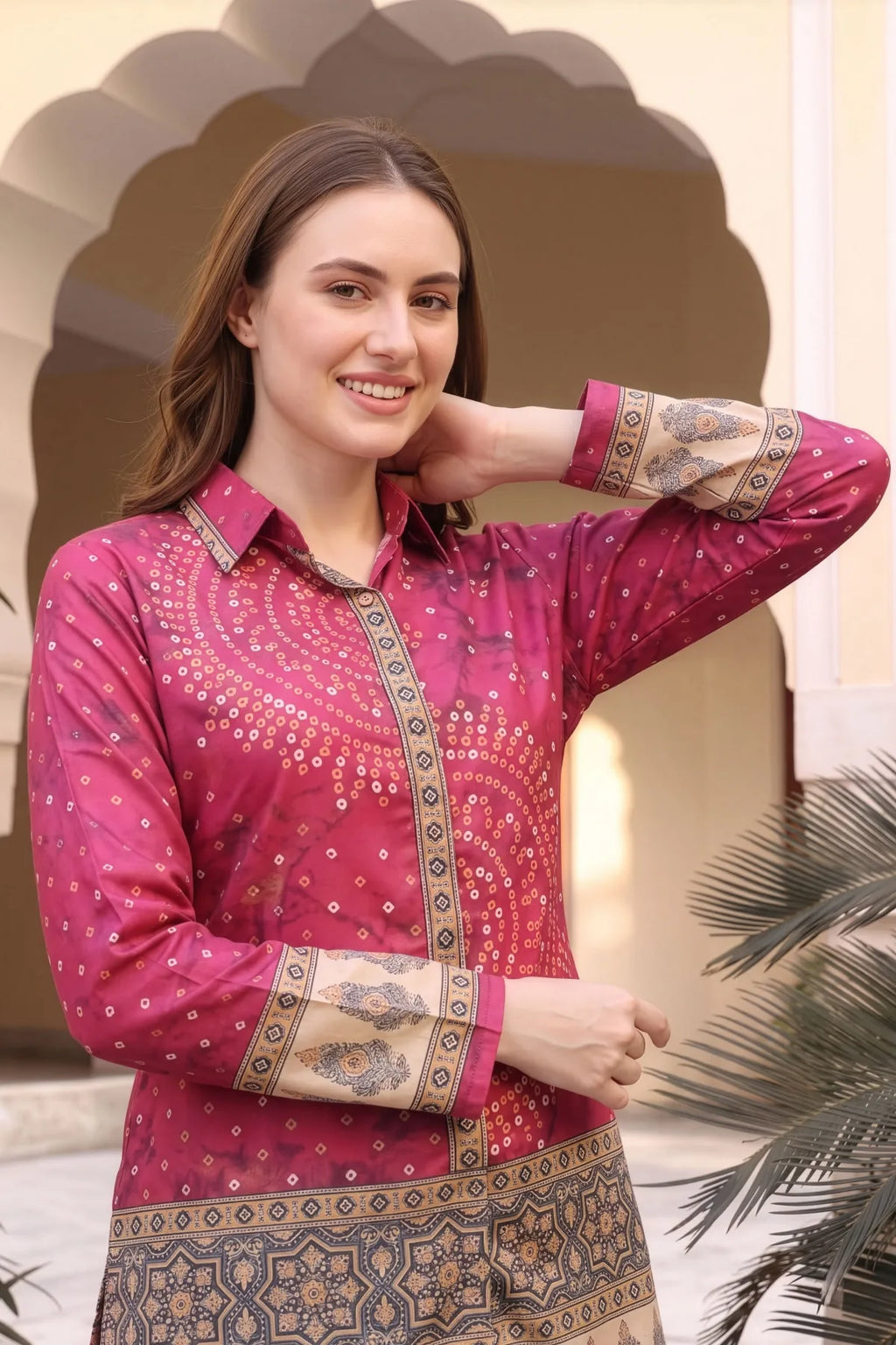 Hot Pink Bandhani Print Shirt Style Kurti Top