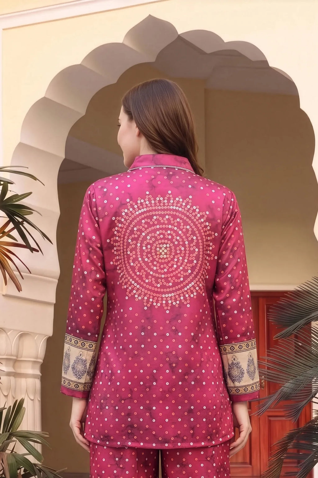 Hot Pink Bandhani Print Shirt Style Kurti Top