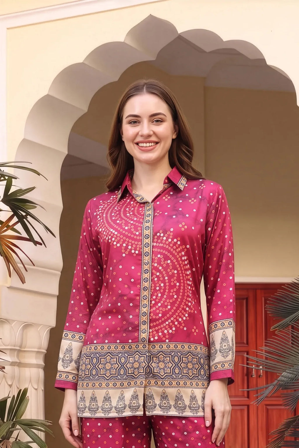 Hot Pink Bandhani Print Shirt Style Kurti Top