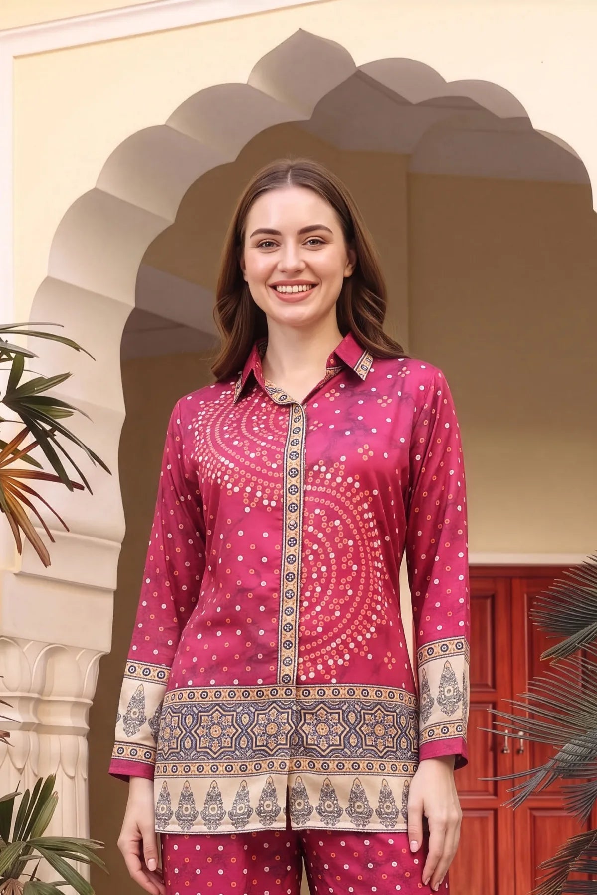 Hot Pink Bandhani Print Shirt Style Kurti Top