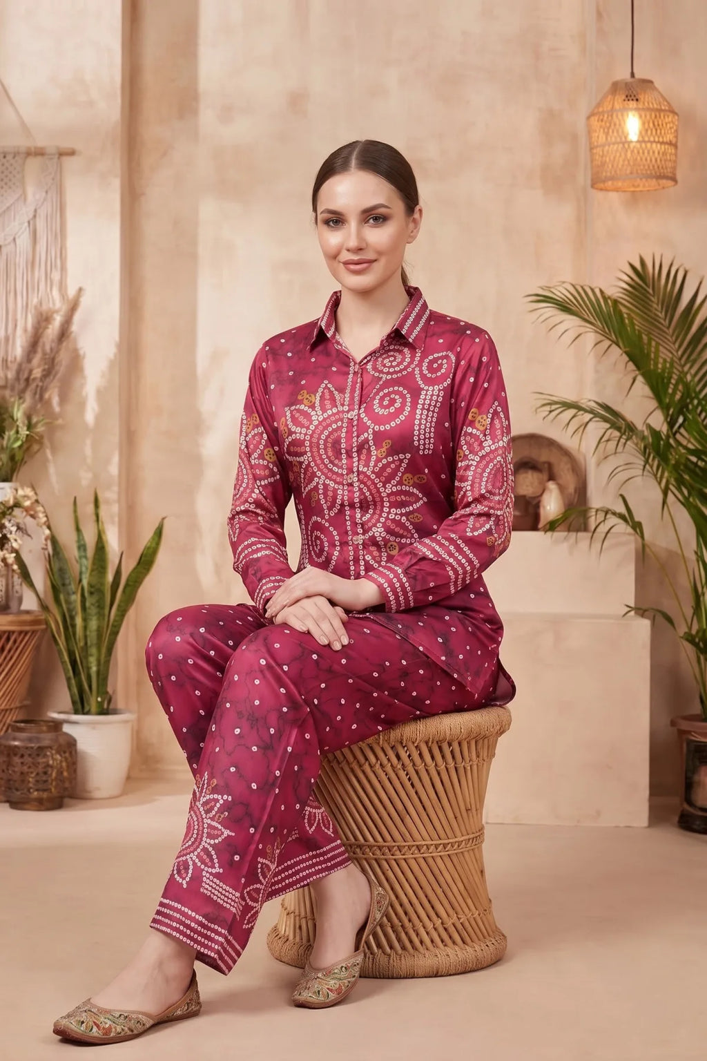 Hot Pink Crepe Silk Bandhani Print Co Ord Set