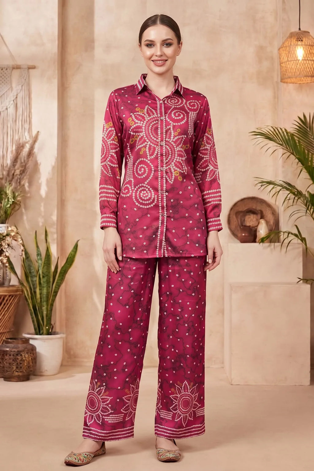 Hot Pink Crepe Silk Bandhani Print Co Ord Set