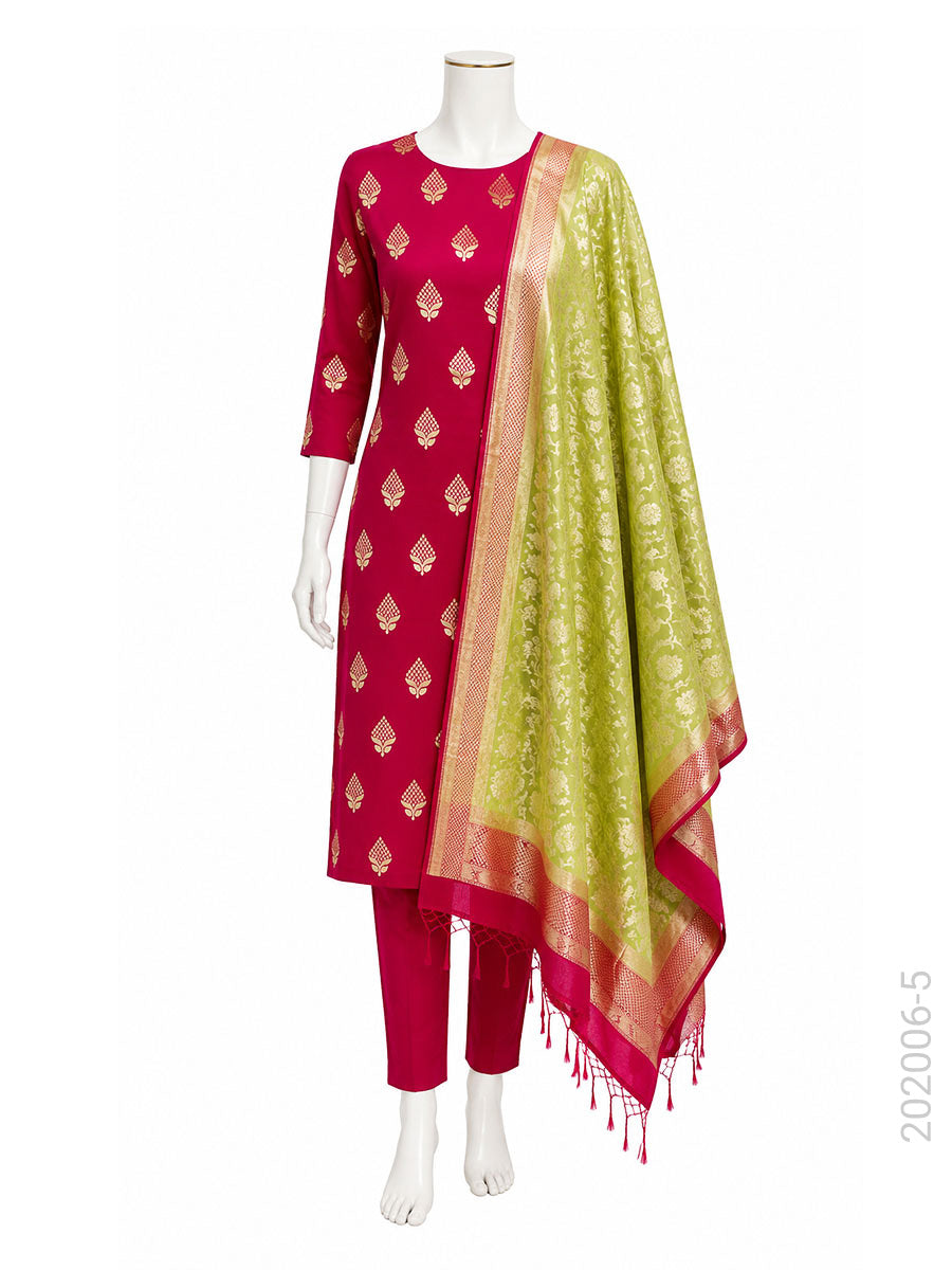 Mercerized Cotton Zari Buta Work Banarasi Suit With Masrise Cotton Dupatta