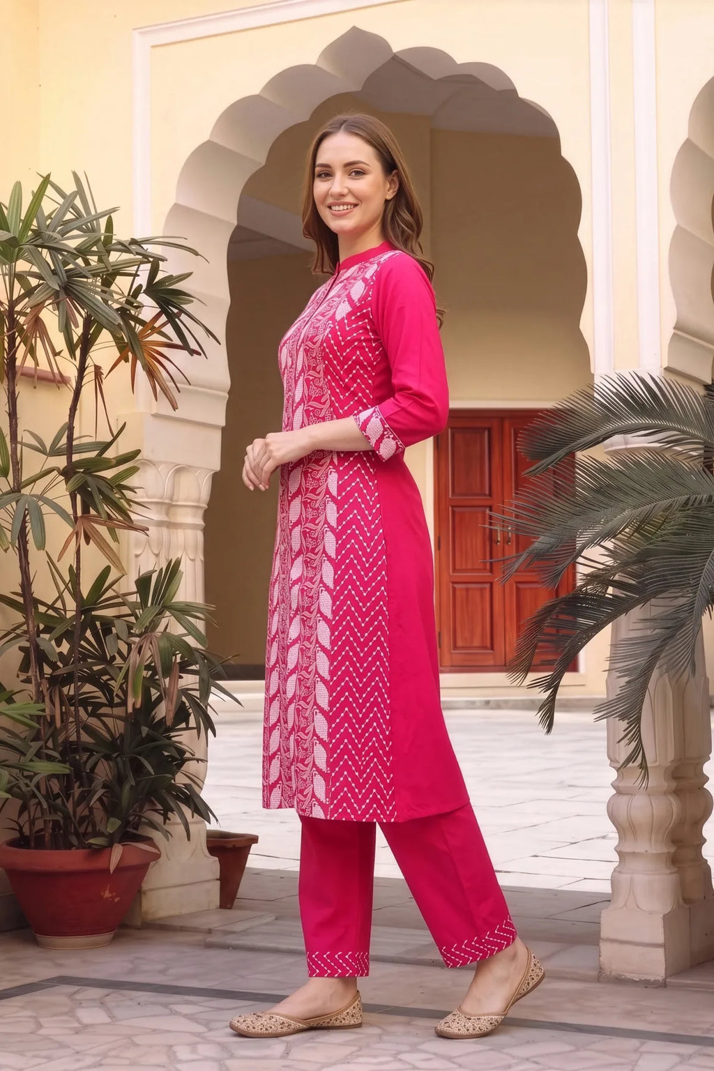 Hot Pink Cotton Chikankari Style Kurta with Palazzo Set
