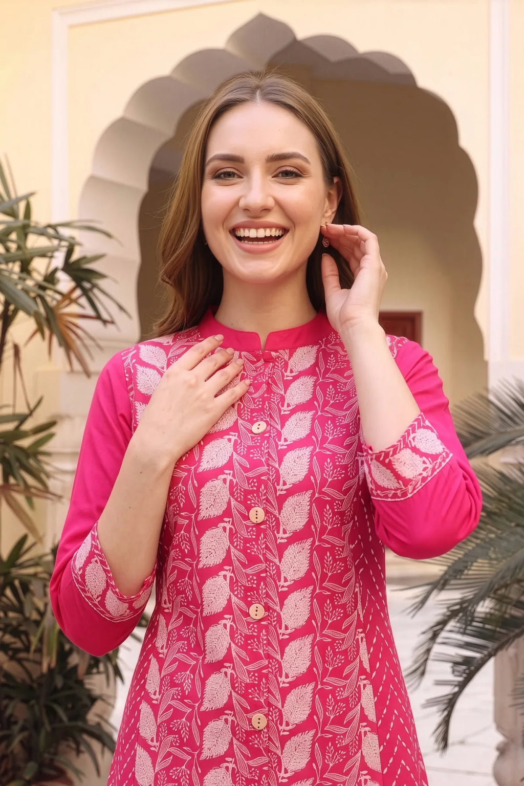 Hot Pink Cotton Chikankari Style Kurta with Palazzo Set
