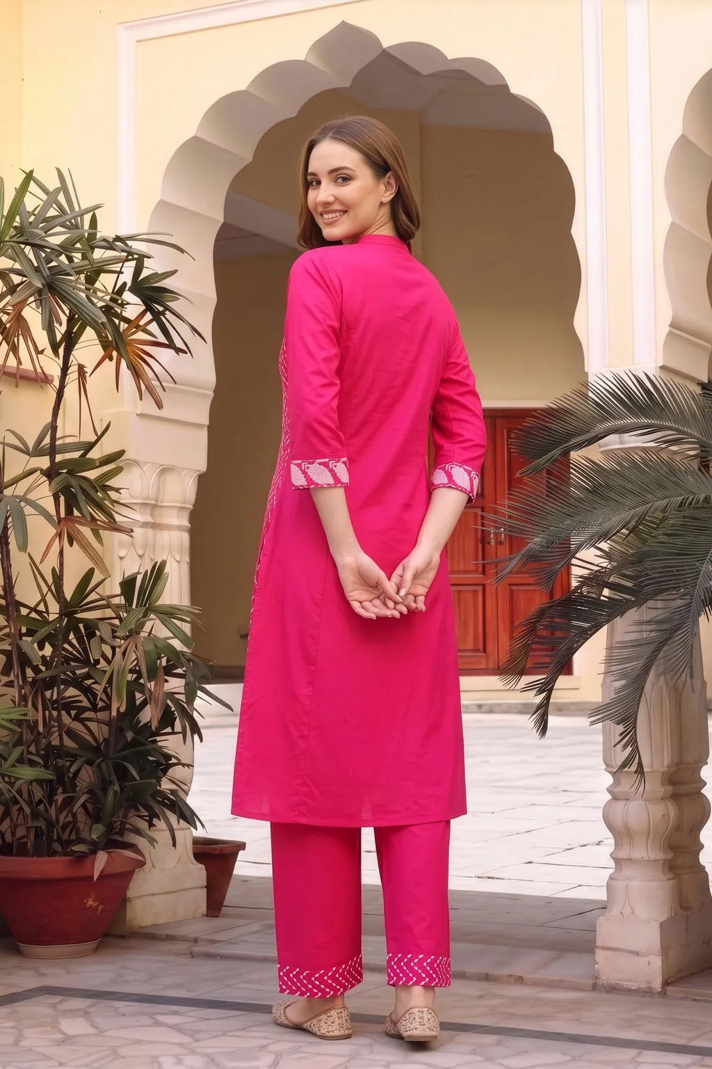 Hot Pink Cotton Chikankari Style Kurta with Palazzo Set