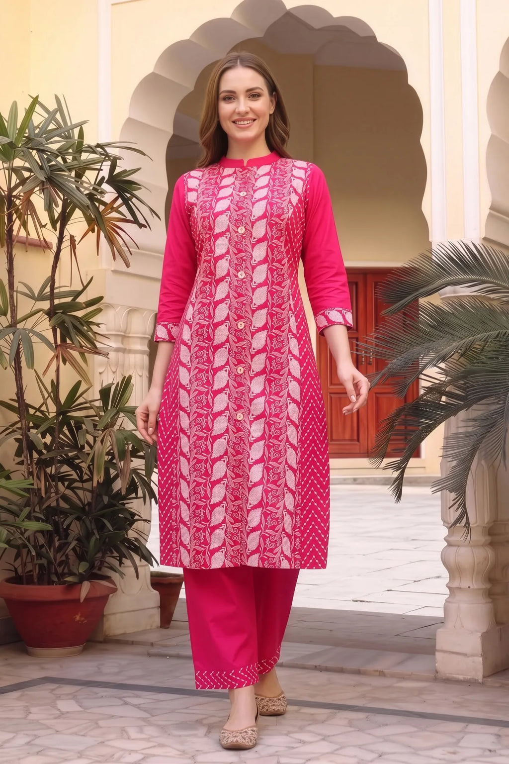 Hot Pink Cotton Chikankari Style Kurta with Palazzo Set