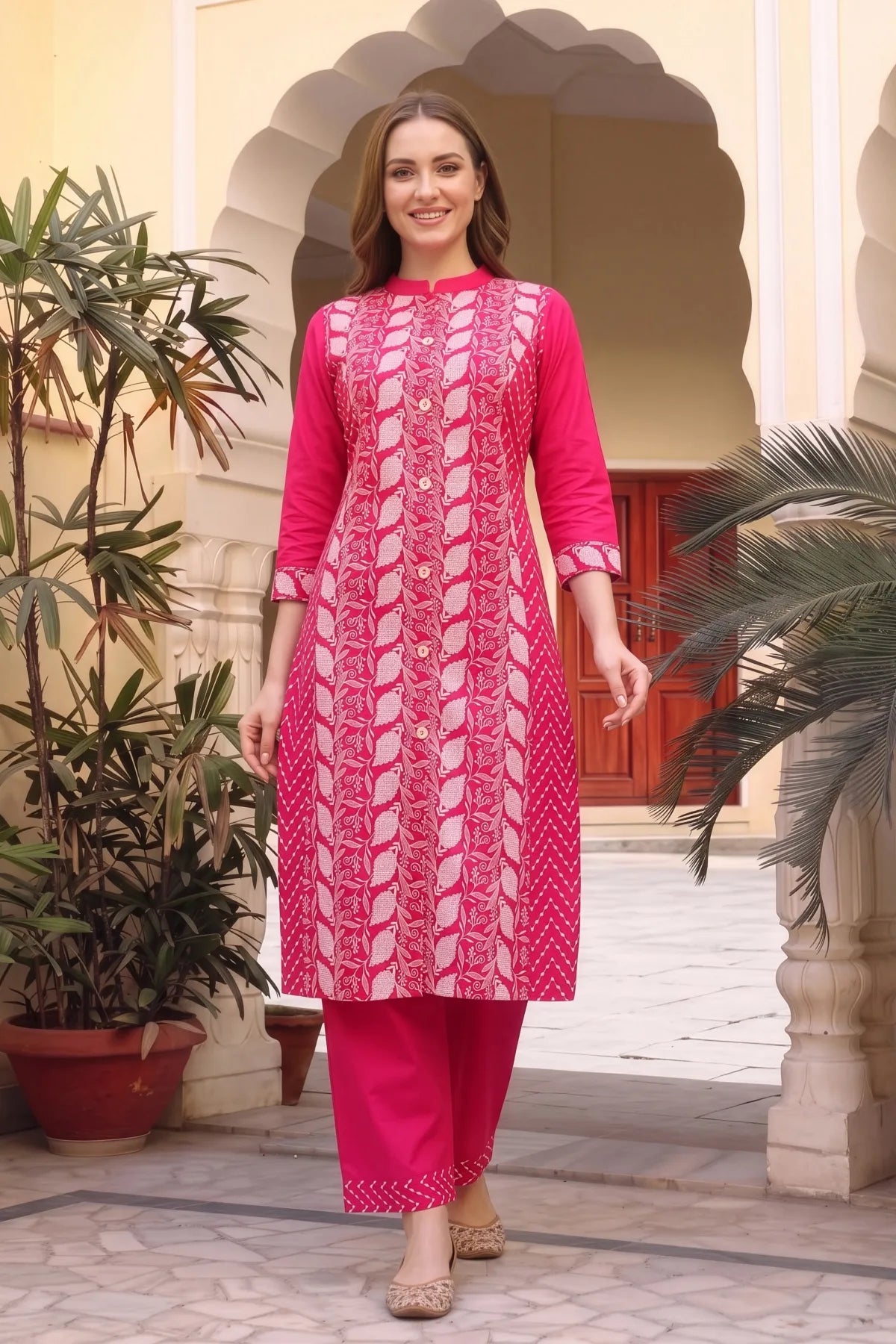 Hot Pink Cotton Chikankari Style Kurta with Palazzo Set
