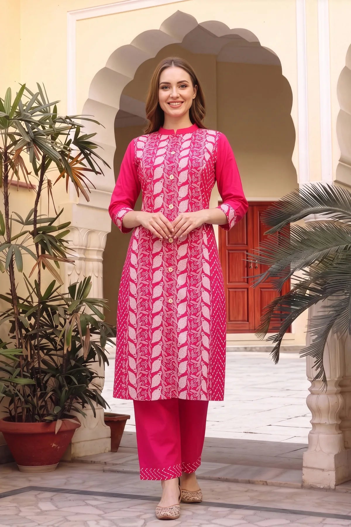 Hot Pink Cotton Chikankari Style Kurta with Palazzo Set