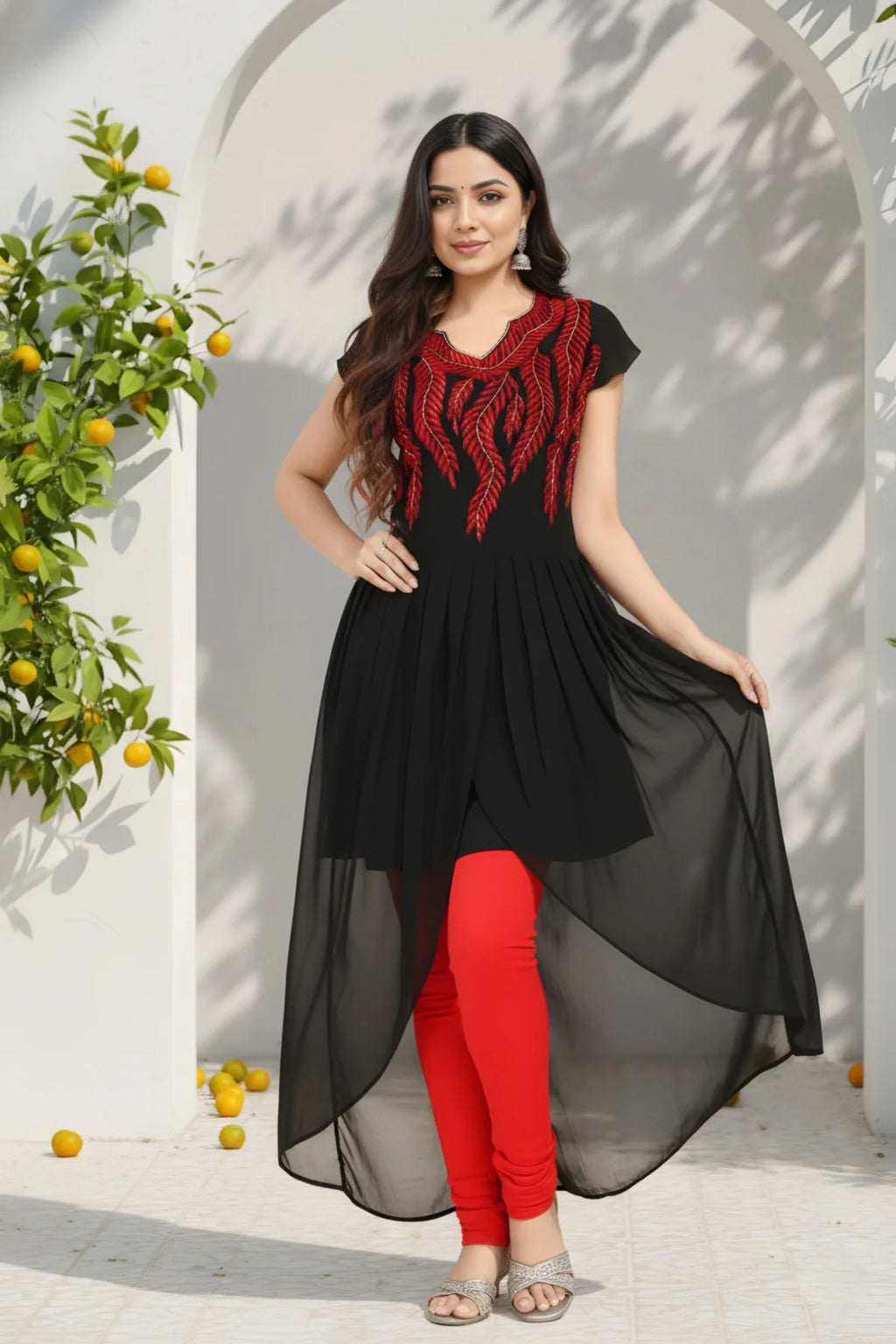 Ravishing Black Georgette Tunic with Red Thread Work
