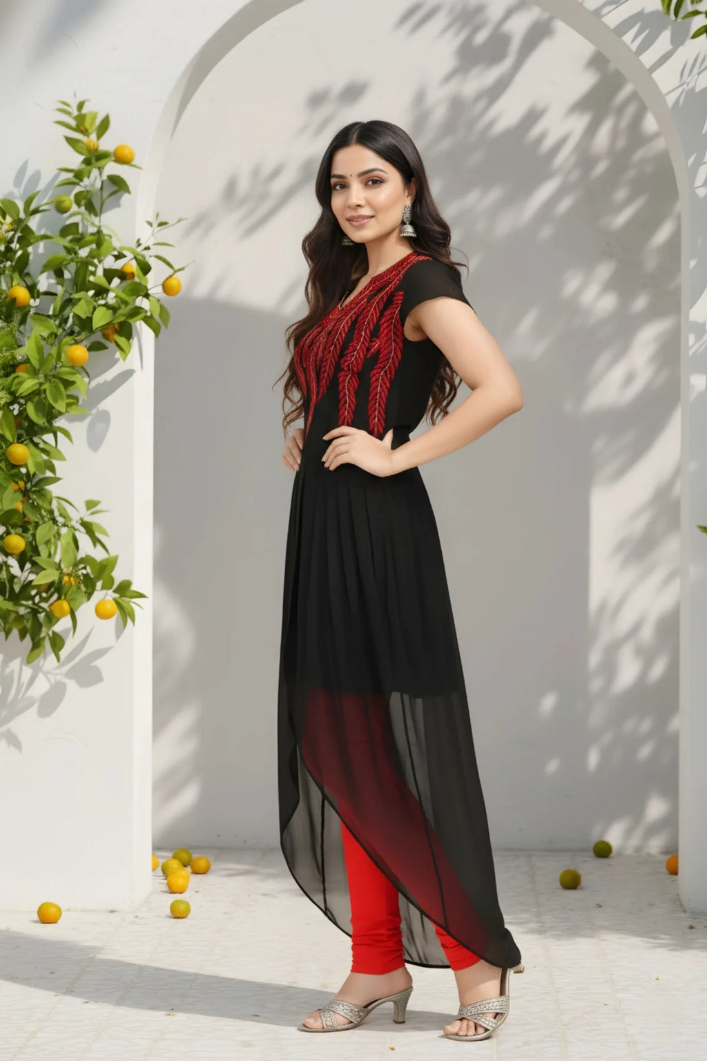 Ravishing Black Georgette Tunic with Red Thread Work