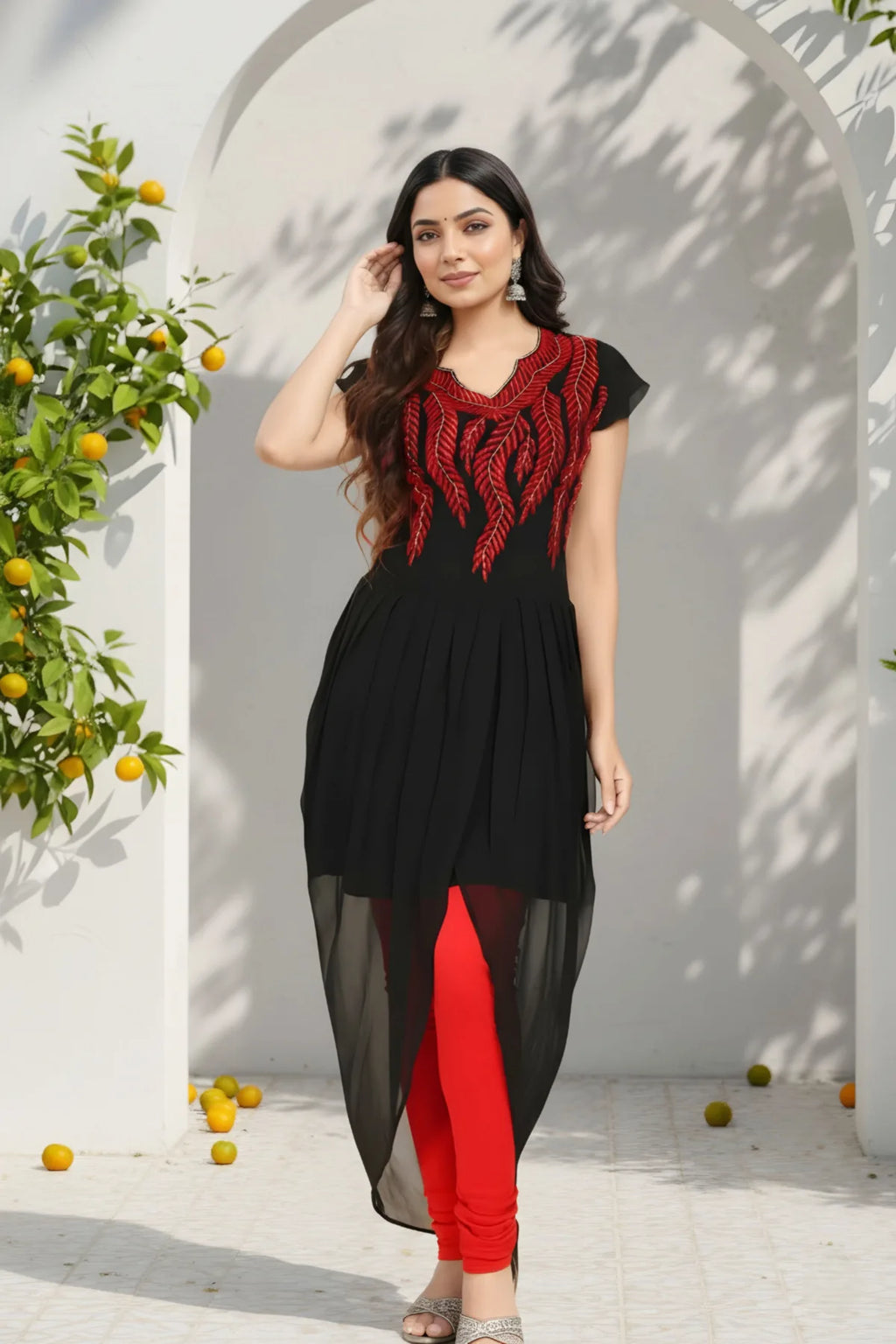 Ravishing Black Georgette Tunic with Red Thread Work