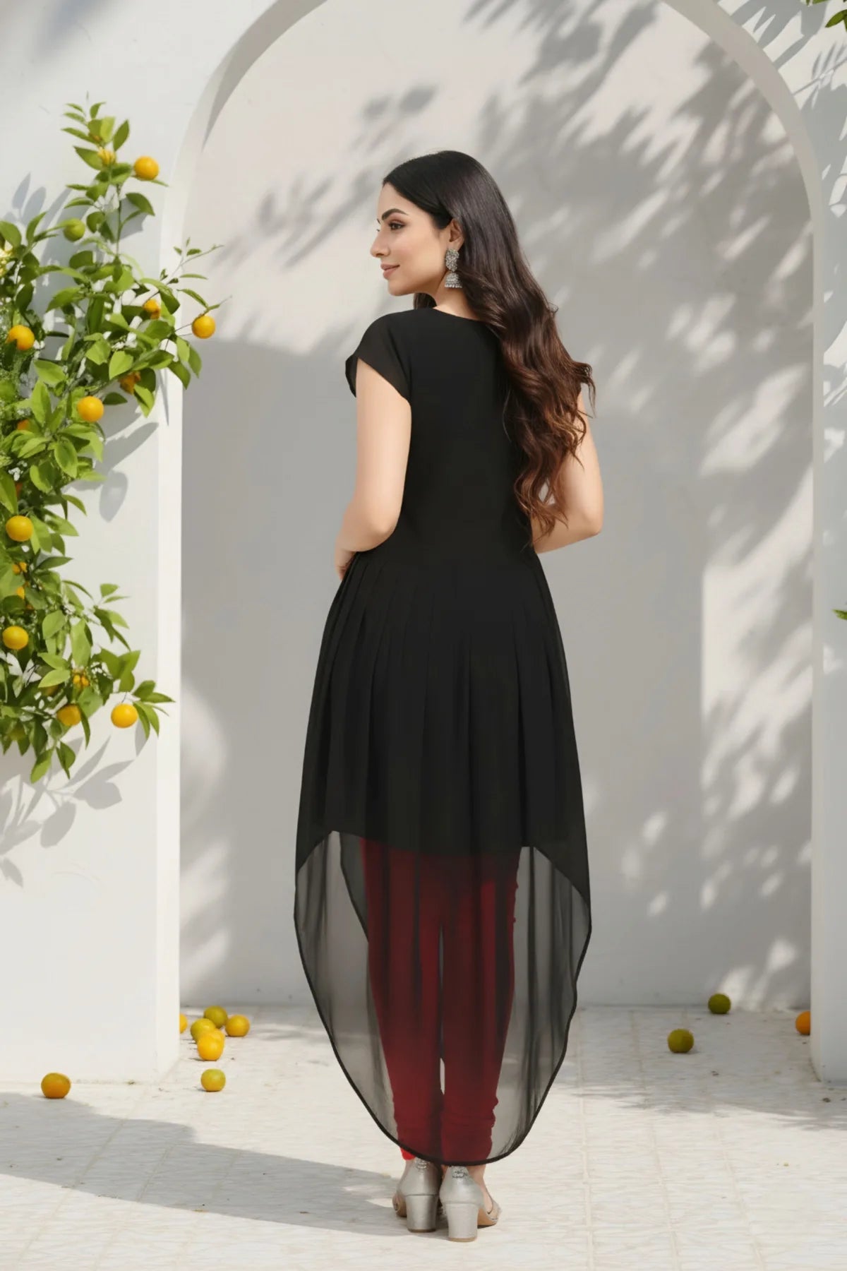 Ravishing Black Georgette Tunic with Red Thread Work