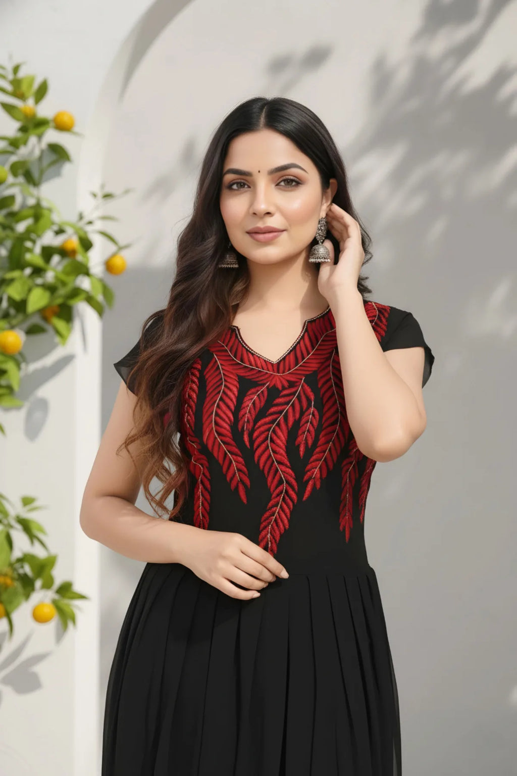 Ravishing Black Georgette Tunic with Red Thread Work