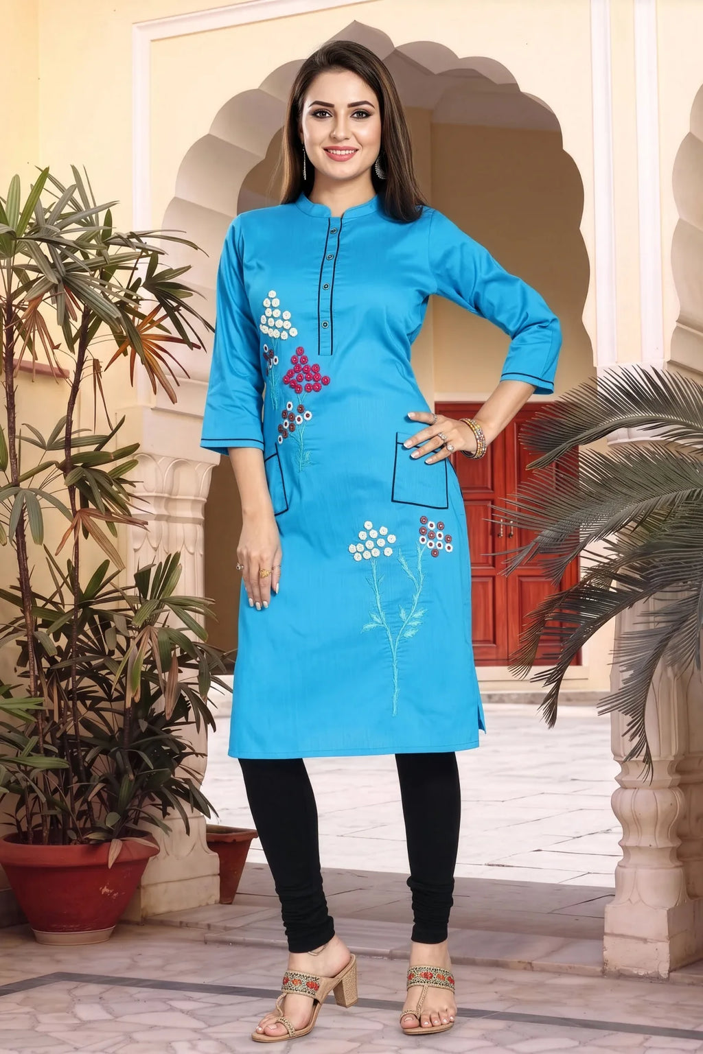 Blue Raw Silk Straight Kurti with Floral Detail