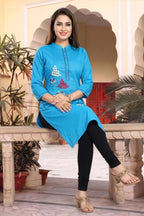 Blue Raw Silk Straight Kurti with Floral Detail