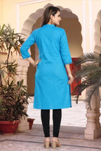Blue Raw Silk Straight Kurti with Floral Detail