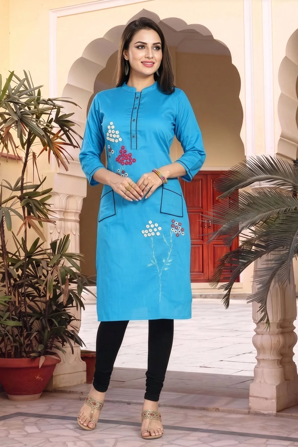 Blue Raw Silk Straight Kurti with Floral Detail
