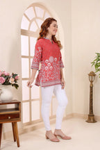 Red Cotton Short Kurti with Floral Print