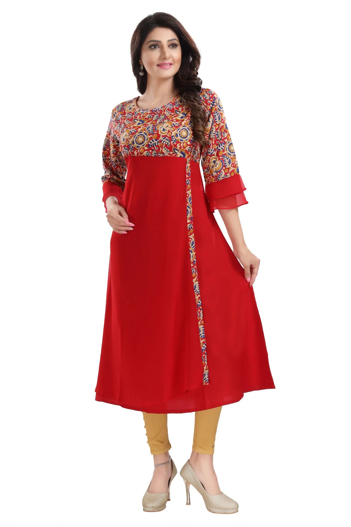 Red Georgette Flared Long Kurti with Floral Print