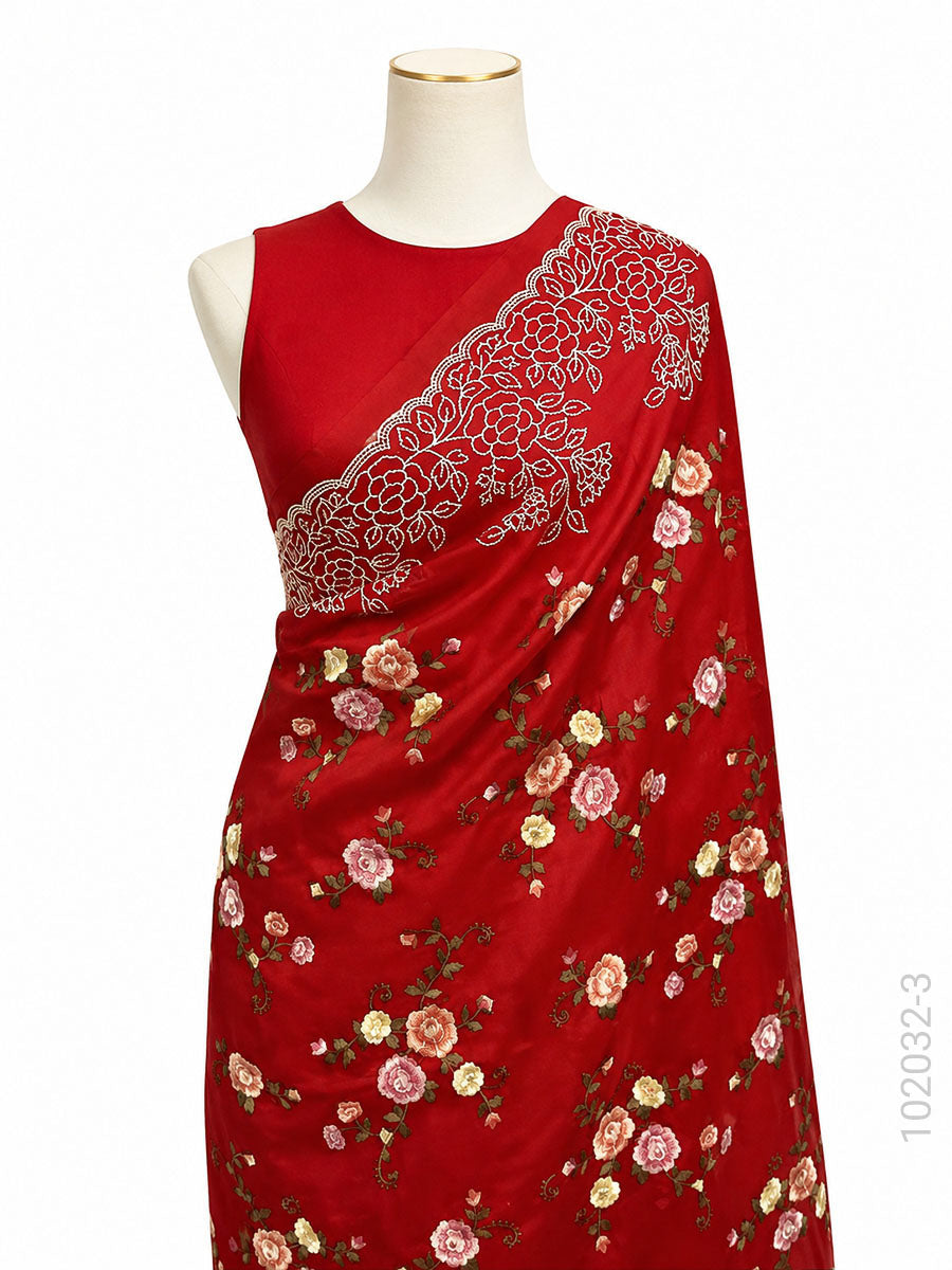 Kora Organza Embroidery Work Floral Banarasi Saree