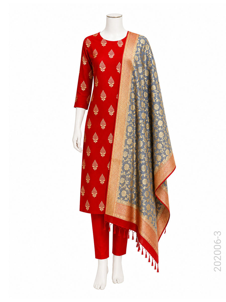 Mercerized Cotton Zari Buta Work Banarasi Suit With Masrise Cotton Dupatta