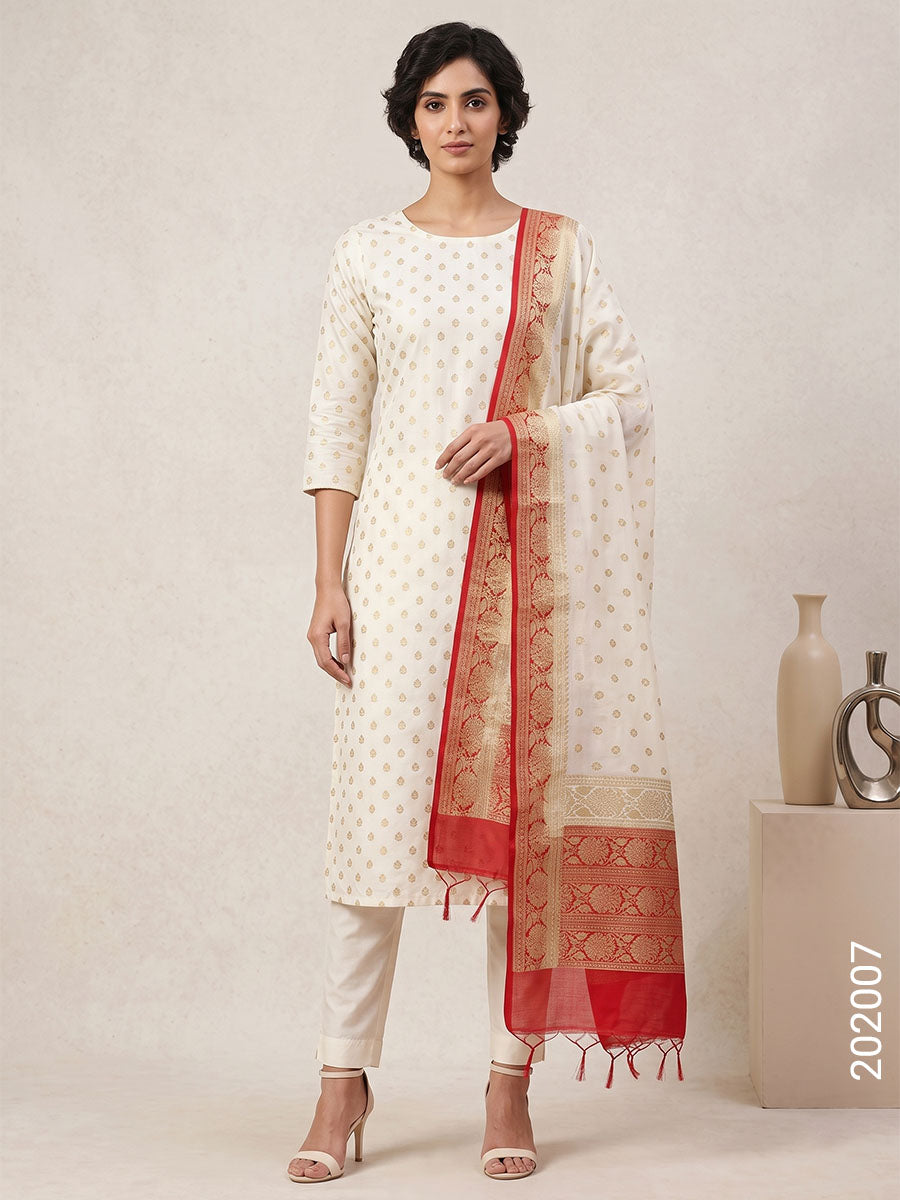 Mercerized Cotton Zari Buti Work Banarasi Suit With Cotton Dupatta