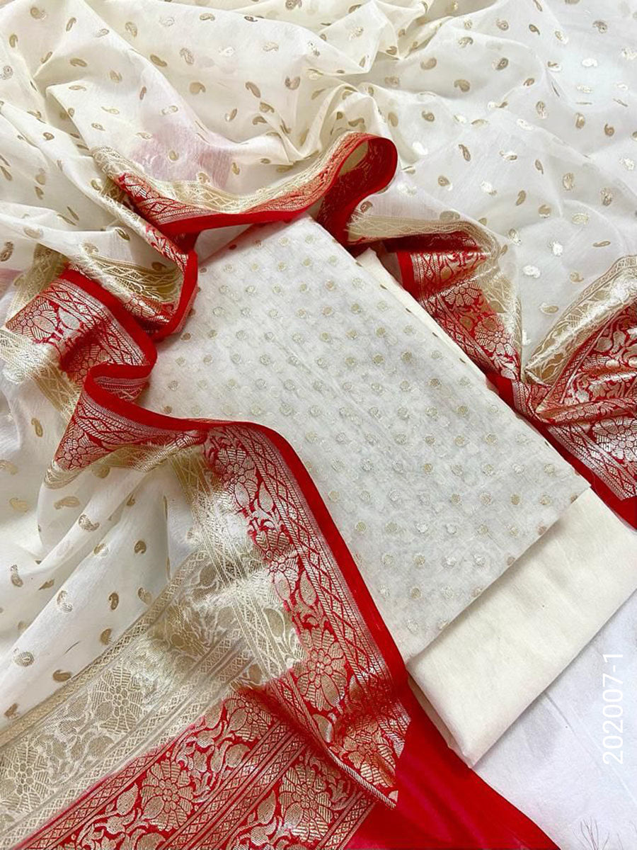 Mercerized Cotton Zari Buti Work Banarasi Suit With Cotton Dupatta