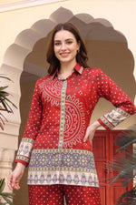 Red Bandhani Print Shirt Collar Kurti with Contrast Border