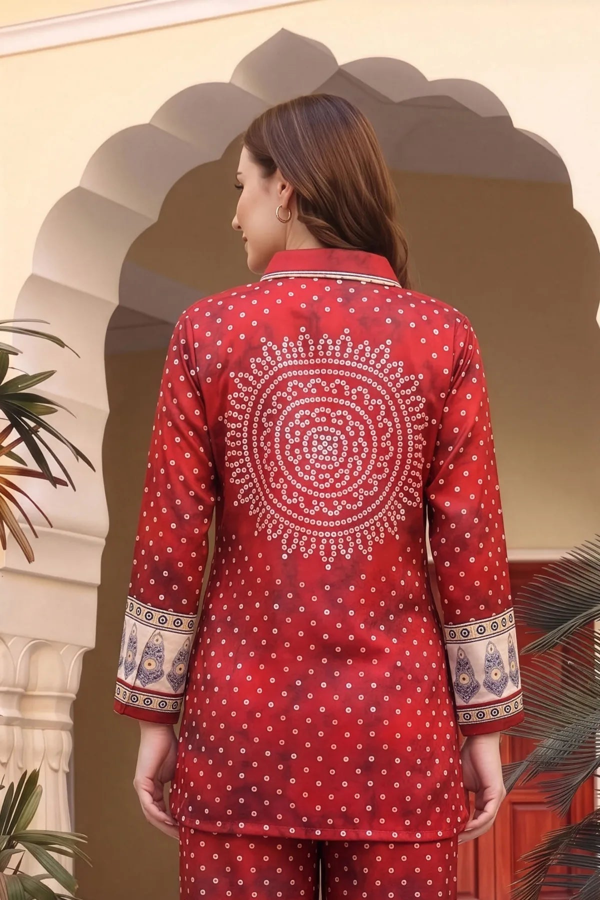 Red Bandhani Print Shirt Collar Kurti with Contrast Border