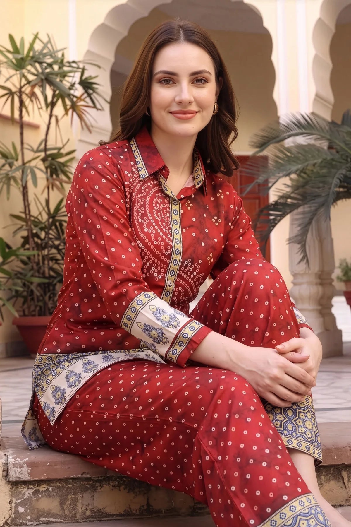 Red Bandhani Print Shirt Collar Kurti with Contrast Border