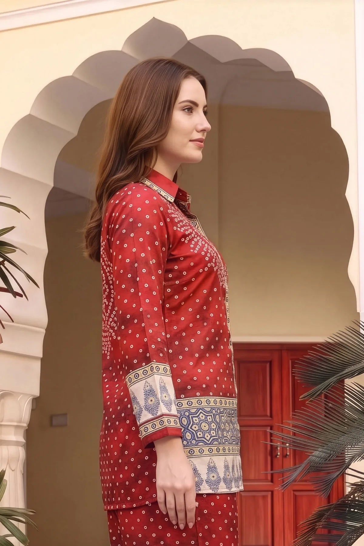 Red Bandhani Print Shirt Collar Kurti with Contrast Border