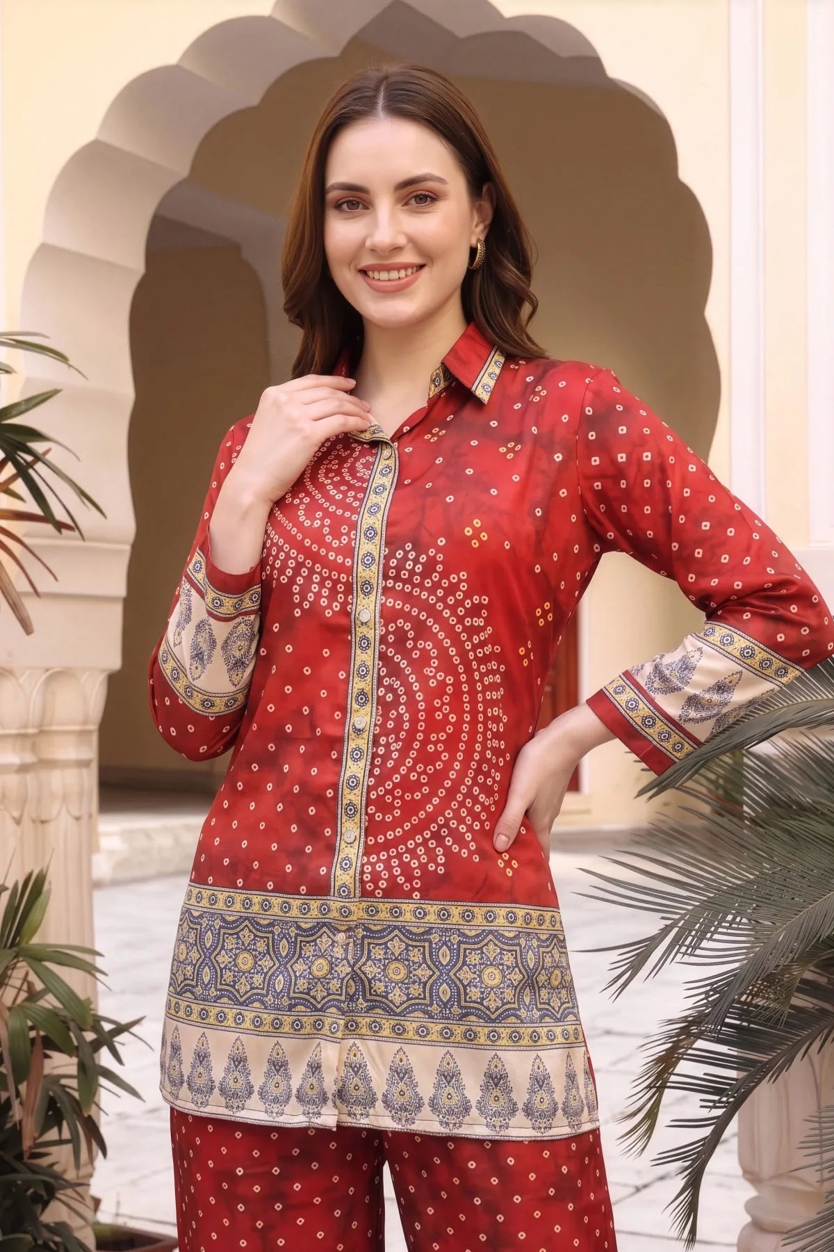 Red Bandhani Print Shirt Collar Kurti with Contrast Border