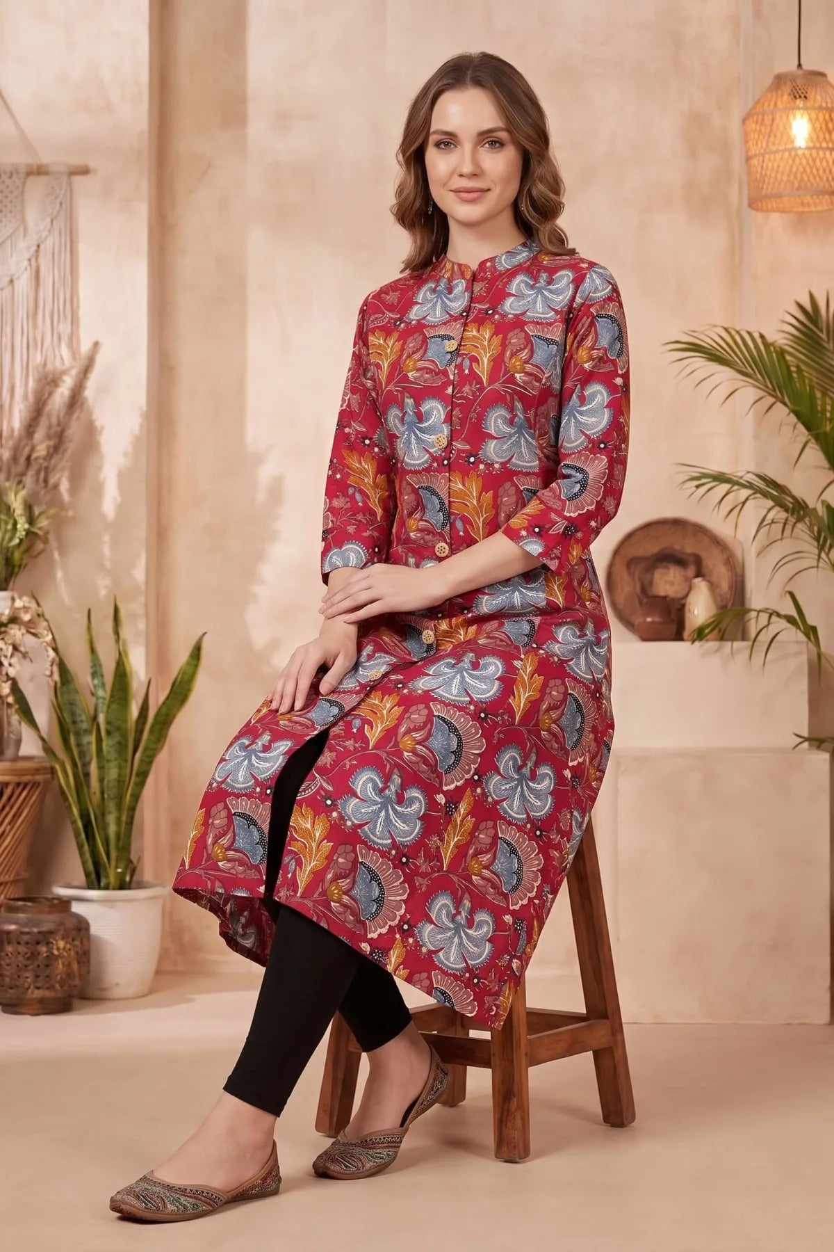 Cherry Red A-Line Long Kurta with Floral Print